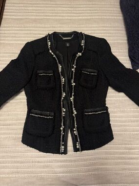 White House Black Market Classic Black Tweed Pearl-Trim Jacket